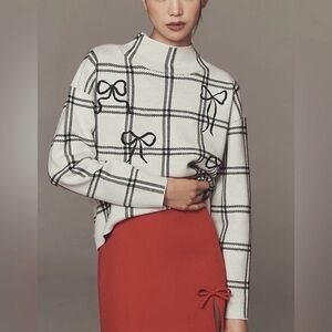 Maeve Anthropology Lovestruck Knit Sweater, Ivory Black Plaid, Bows, M